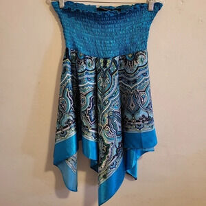 Blue Diamond Paisley Print Satin Bandana Strapless Top (Size L)